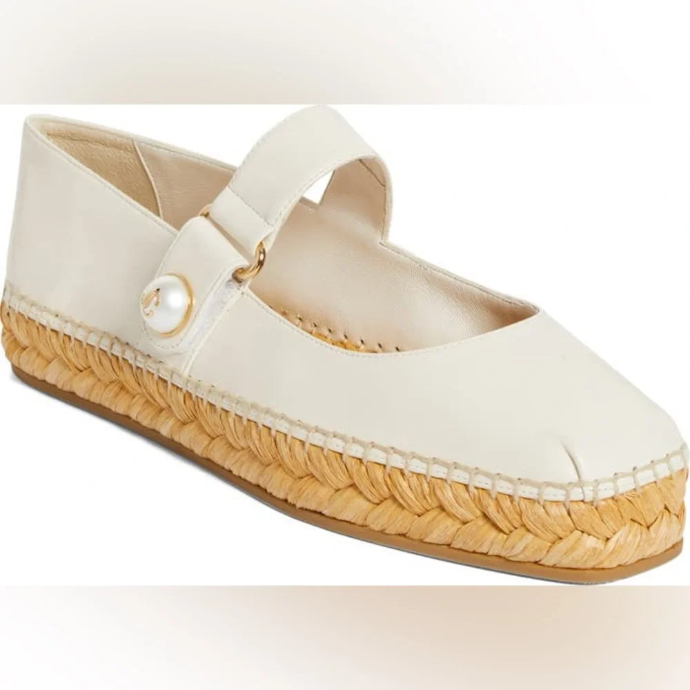 Jimmy Choo Fayence Pearl White Leather Mary Jane Ballerina Espadrilles EUC Sz 38